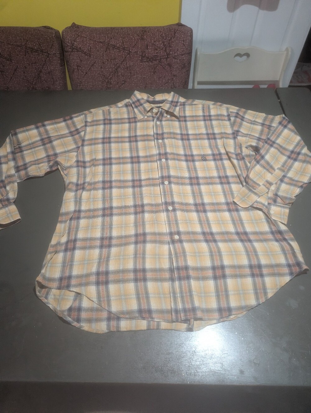 Nautica Size Large Yellow Plaid Button Down 100% Cotton